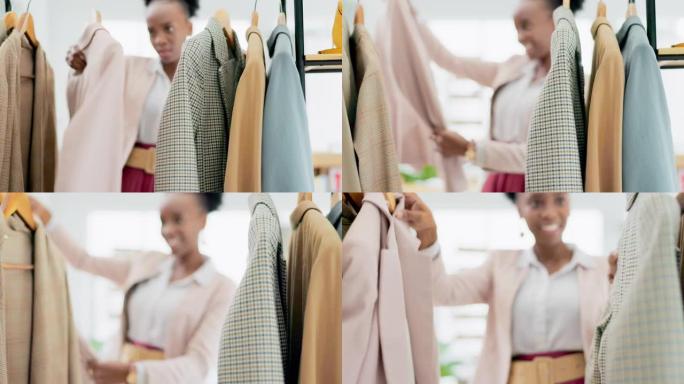 黑人妇女，物流中的时尚和检查服装生产线或零售仓库中的小型企业。快乐非裔美国女服装设计师寻找库存服装以