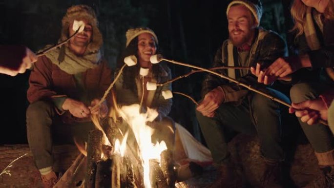 一群朋友坐在篝火旁烤棉花糖聊天分享故事晚上在森林里露营享受户外冒险