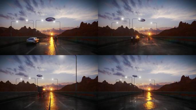 大型UFO在日落时飞越繁忙的高速公路的3D动画