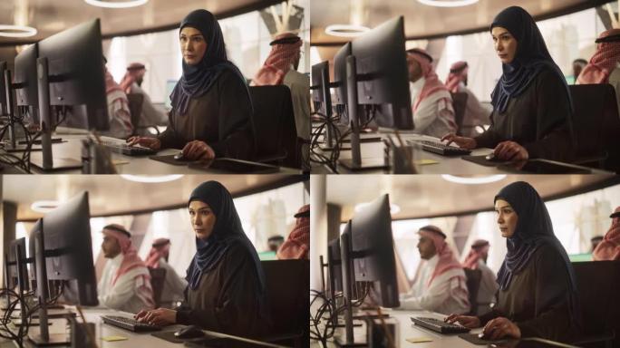 一位年轻的穆斯林女性在技术研究与开发机构与一支才华横溢的男性专业人员团队合作的肖像。处理金融项目的商