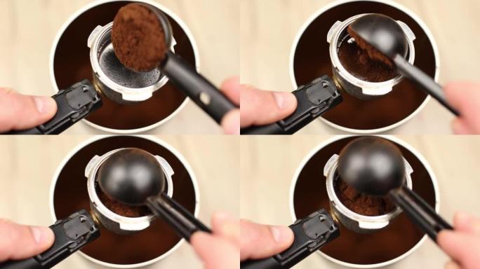 用勺子将现磨的黑咖啡sc入咖啡机的角