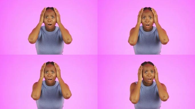 工作室背景下的黑人女性的休克、恐惧和脸，粉色背景和恐惧、担忧和恐惧情绪的表情符号。惊恐、焦虑和担心w