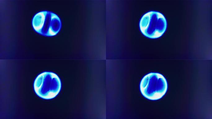 漂浮在空间合并背景中的两个蓝色细胞液滴