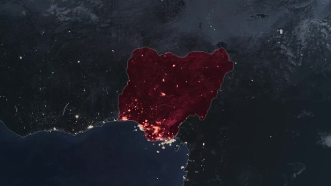 突出显示的尼日利亚黑色地图，通过4K照片真实动画地球从太空放大，全景包括非洲、西欧和美国。史诗旋转的