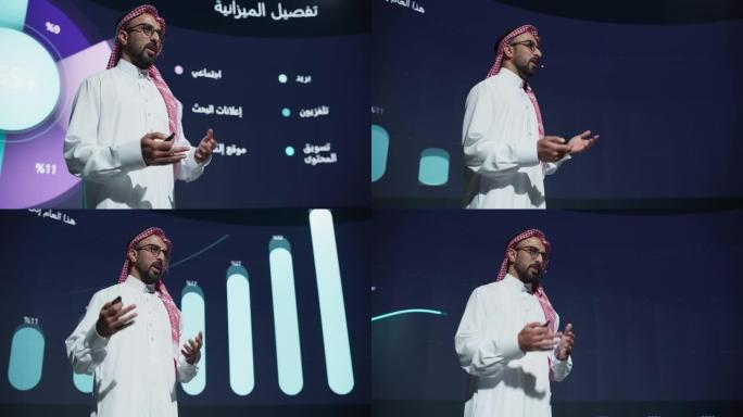 成功的中东演讲者展示了新产品，在大屏幕上显示了信息图表，统计动画。在新闻发布会上谈论企业绩效