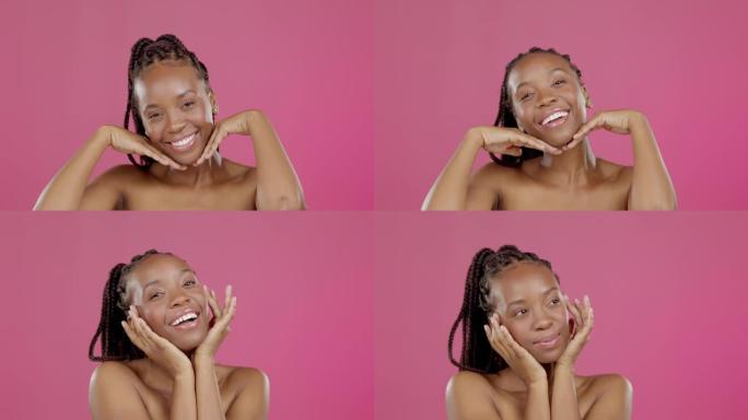 黑人妇女，手或触摸脸在孤立的粉红色背景，以护肤发光，自爱或医疗保健美学。微笑、快乐或美容模特肖像和自