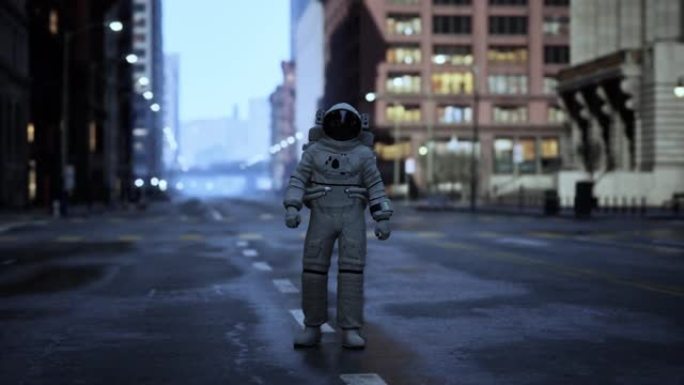 荒芜的城市中的孤独宇航员