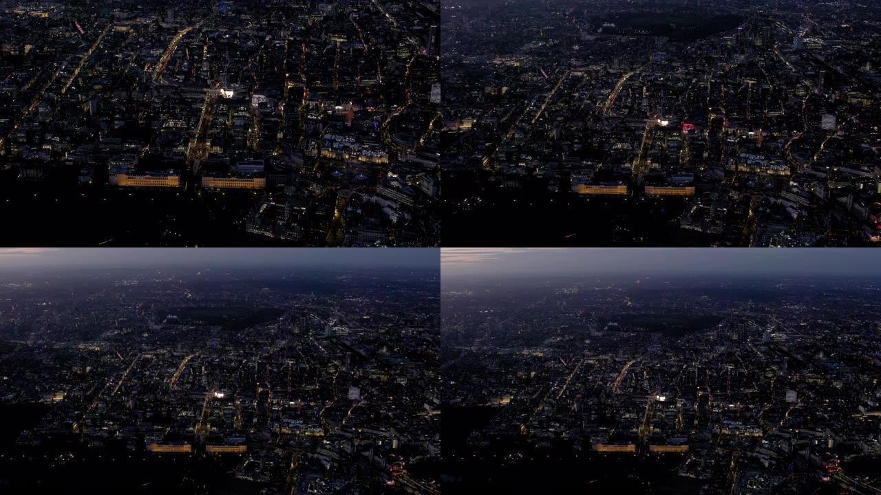 从英国伦敦西区的夜间鸟瞰图。4 k