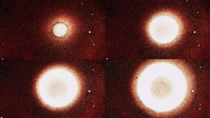 在太空背景中脉动的炽热橙色爆炸的闪光超新星