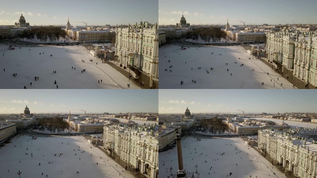 俄罗斯冰雪覆盖的宫殿广场和圣彼得堡历史中心的空中无人机镜头