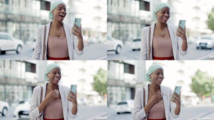 视频通话，城市中的黑人妇女，微笑交谈，联系人和社交媒体联系。非裔美国女性、女士和智能手机，用于户外或