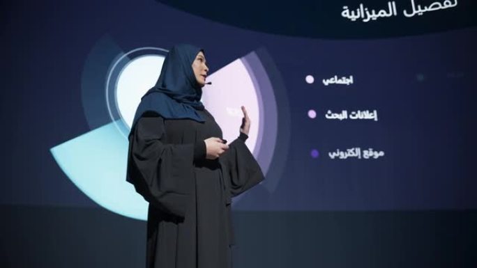 年轻的女性业务主管在会议上介绍了新的软件产品。阿拉伯专家做励志演讲。演讲者就科学、技术、发展、领导力