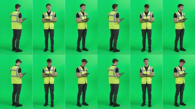 3合1绿屏拼贴: 年轻的工业工人穿着高可见度的背心，站立并使用平板电脑。具有多个演员角度的最佳价值包