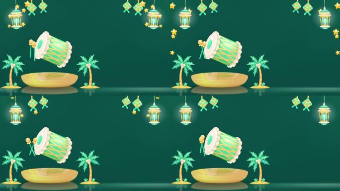 动画斋月卡里姆背景，配有适合开斋节庆祝活动的鼓、灯笼、凯图帕特、椰子树和星星元素