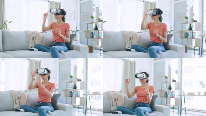 VR眼镜，互动和女人在沙发上的metaverse，未来派软件或网络朋克3d体验在家。具有交互式视觉的