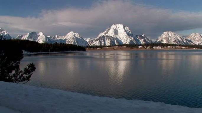 湖边积雪覆盖的山脉