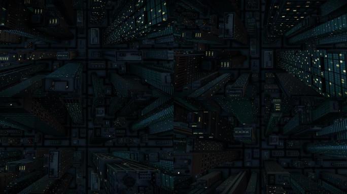 抽象城市未来虚拟现实的3d渲染。夜城的空四分之一。夜城街上的摄像机运动。空荡荡的街道之夜