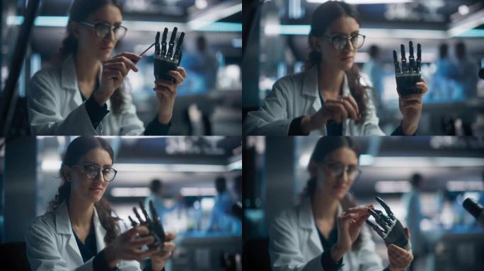 一位在技术研发公司工作的年轻女科学家的肖像，组装了一只创新的仿生假手。从事身体受损技术的工程师