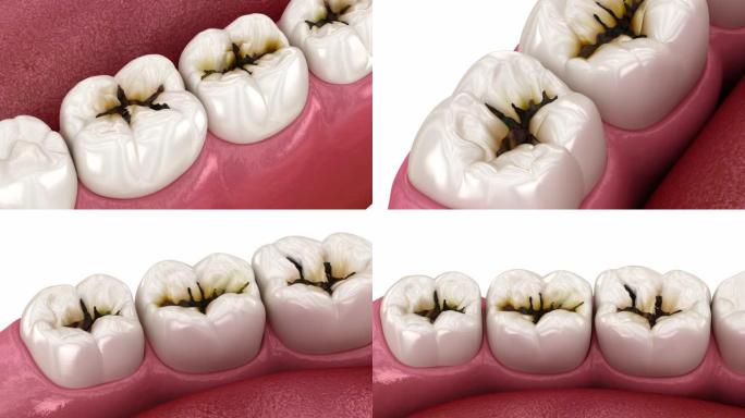 龋齿损坏的臼齿。医学上精确的牙齿3D动画