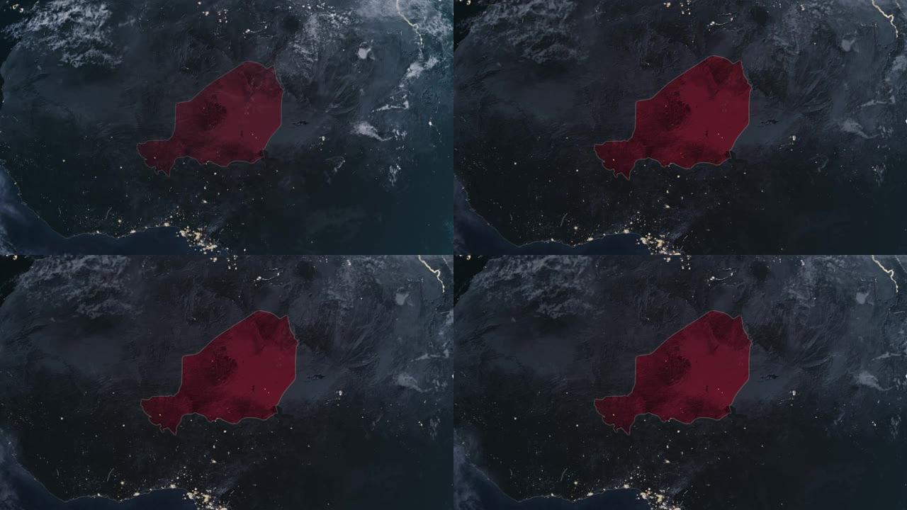 突出显示的尼日尔黑色地图，通过4K照片真实动画地球从太空放大，全景包括非洲、西欧和美国。史诗旋转的世