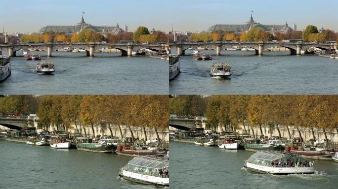 法国巴黎-2014年11月11日:。用旅游船拍摄了巴黎大皇宫和塞纳河的两张照片。