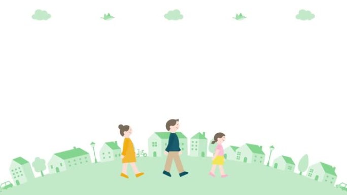 一个简单的动画，一个在乡下散步的家庭