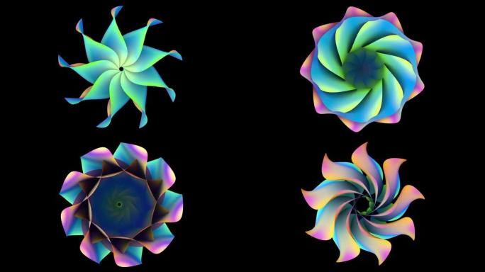 动画抽象七彩花。3D循环动画。