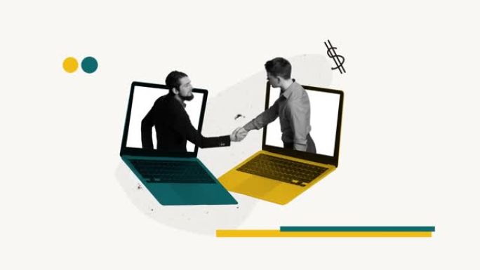 交易。员工伸出笔记本电脑屏幕握手。有利可图的合作和伙伴关系。停止动作，动画。概念设计。