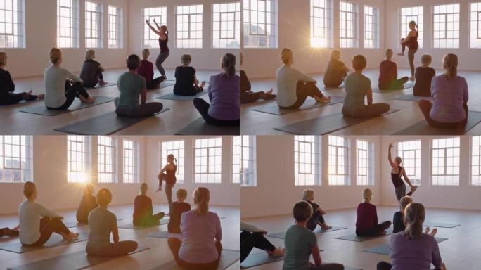 瑜伽课教师教学组成熟女性冥想练习展示姿势享受工作室的早晨体能锻炼
