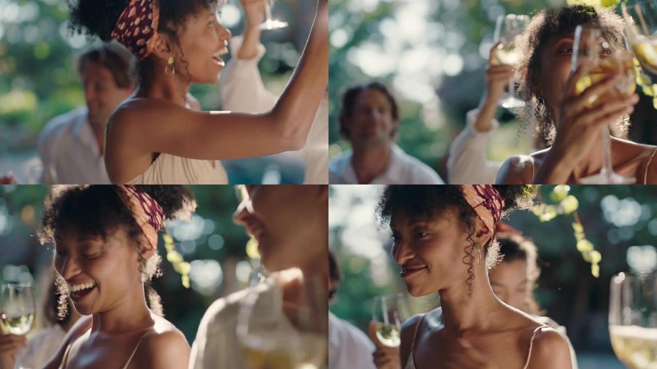 美丽的非洲裔美国女人在夏季舞会上与朋友跳舞喝酒享受夏季社交聚会在阳光明媚的日子庆祝快乐4k镜头