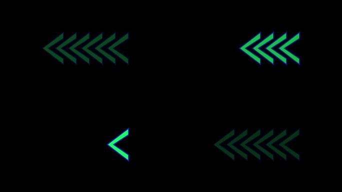 黑色背景的动画绿色指示灯。抽象绿色发光箭头。