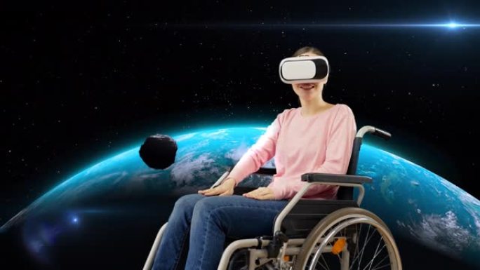 残疾妇女观看虚拟现实耳机中的小行星飞向地球