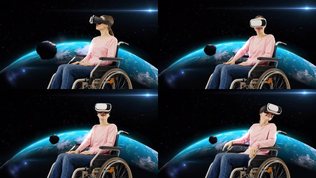残疾妇女观看虚拟现实耳机中的小行星飞向地球
