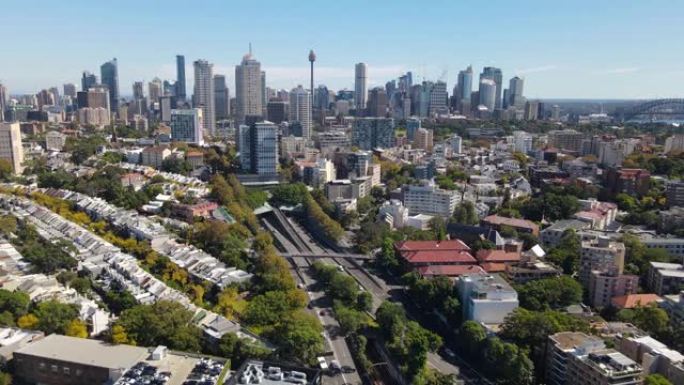 Darlinghurst和Elizabeth Bay的空中无人机回撤视图显示了新南威尔士州东悉尼的街