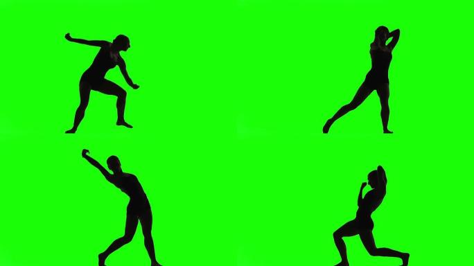 年轻女子跳现代舞的剪影。绿屏