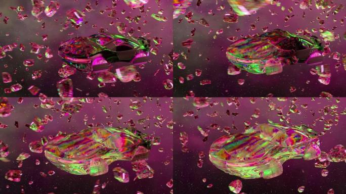 飞行的钻石太空飞行器飞过一群钻石小行星。粉色霓虹色。跑车。3d动画