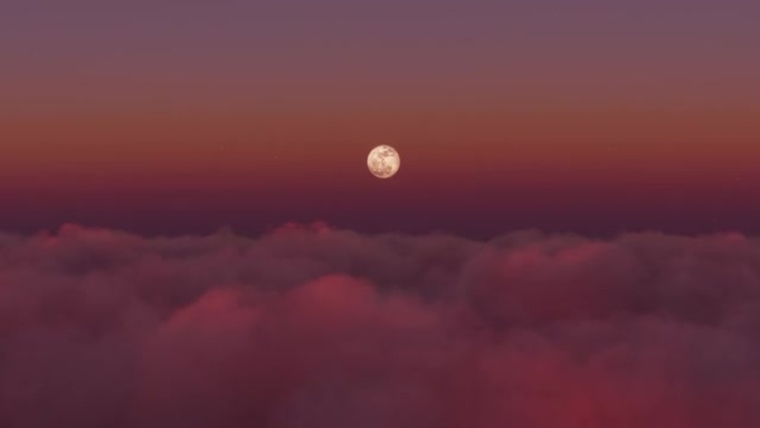 日落时的前鸟瞰图在云层上飞来飞去，背景是满月