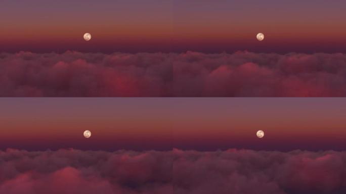 日落时的前鸟瞰图在云层上飞来飞去，背景是满月