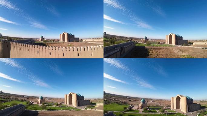 快速飞行的无人机可以看到哈萨克斯坦突厥斯坦公园重建的宗教建筑废墟