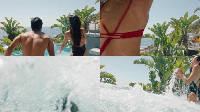 有趣的朋友跳进豪华酒店度假村的游泳池庆祝暑假享受旅行假期4k