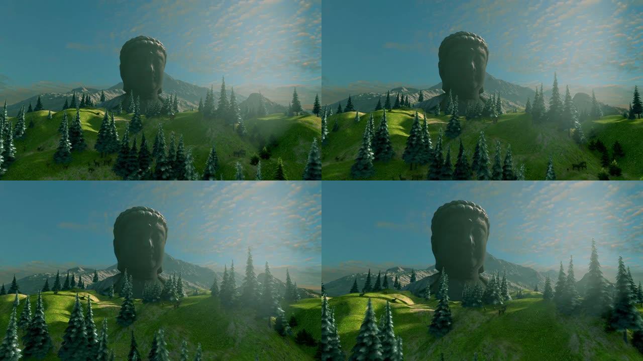 森林中被枞树包围的巨大佛像的3d渲染动画