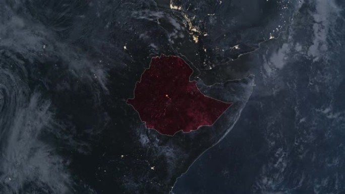 突出显示的埃塞俄比亚黑色地图，通过4K照片真实动画地球从太空放大，全景包括非洲、西欧和美国。史诗旋转