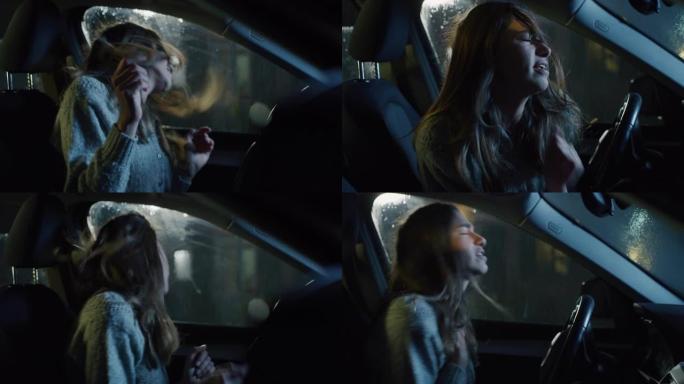 一个年轻女子在雨夜坐在车里，在收音机里听一首歌的肖像。女司机在车里等大雨停下来时玩得开心，跳舞和唱歌
