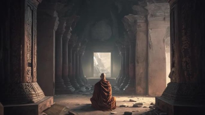 佛教僧侣在寺庙废墟中坐禅