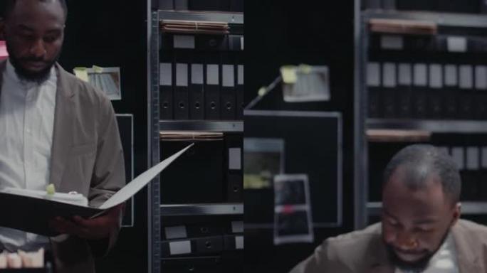 垂直视频: 非洲裔美国特工在档案室中读取可疑文件