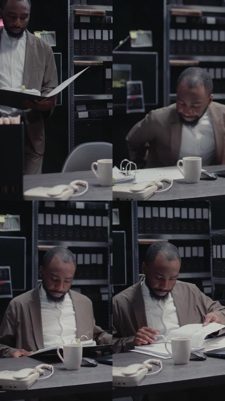 垂直视频: 非洲裔美国特工在档案室中读取可疑文件