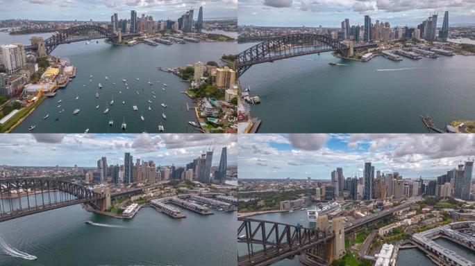 薰衣草湾上方、悉尼海港大桥、环形码头和悉尼大胆哈伯办公室和豪华建筑集团的4k鸟瞰图