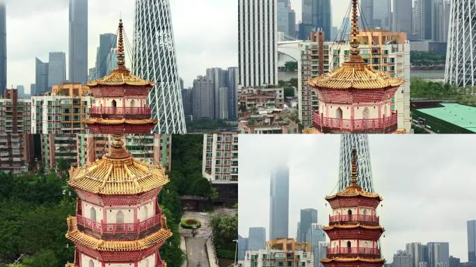 广州八角形楼阁式青砖塔赤岗塔航拍4K视频