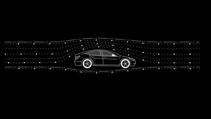 未来超级跑车空气动力学测试的概念车动画速度在风洞，侧视图技术和工程-HUD视图
