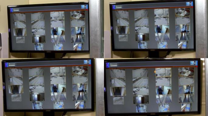 监控摄像机在屏幕上显示公司房间的图像
